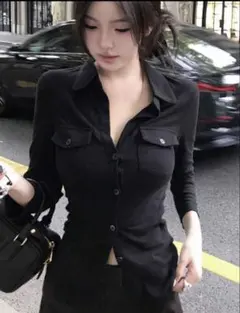 黒シャツ タイト 長袖 レディース 韓国風 ボディライン スリム
