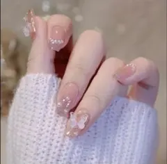 【24枚セット】ネイルチップ 蝶 パール ラメ ワンホン 韓国