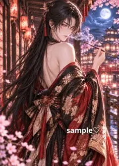 夜桜に煙る妖艶な花魁男子 幻想和風アート A4 AIアート