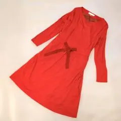 【自由区】美品♡オレンジ長袖ウエストリボンワンピース　ミモレ丈 ウール