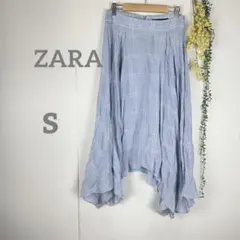 ZARA フレアスカート 水色 S チェック柄　アシンメトリー　夏　　トルコ製