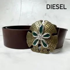 【極美品】ディーゼル　エメラルドストーン　高級レザーベルト　本革　ダークブラウン