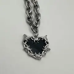 シルバーダブルチェーンネックレス 有刺鉄線ハート 黒 パンク Y2K