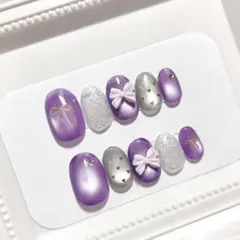 ショートオーバル　リボンネイル　マグネット　紫　推しカラー　現品　B8