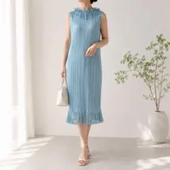 M*様 美品 プリーツプリーズ アシンメトリーワンピース 青 3 イ