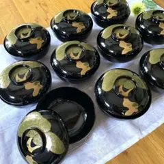骨董・時代物】木製本漆塗 金蒔絵 吸物椀 10客セット 桜水鳥図 共箱付