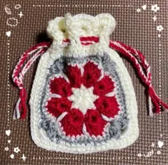 アメリカンフラワーモチーフ グラニースクエア ハンドメイド巾着 ポーチ