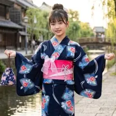 レトロ　キッズ　子供　浴衣　手縫い仕立て　花柄　150cm　作り帯　ピンク　巾着