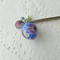 不透明ブルー　花柄　コンパクト　シルバー　簪　かんざし