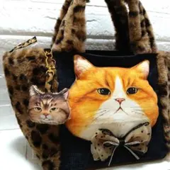 コヤンイサムチョン☆スクエアトートバッグ　デニム＆ヒョウ柄ボア　ふてにゃん