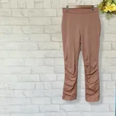 ストレッチ テーパードパンツ カジュアルパンツ くしゅくしゅ ベージュ L 無地
