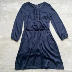 NATURAL BEAUTY BASIC ドット柄ひざ丈長袖ワンピース　リボン付