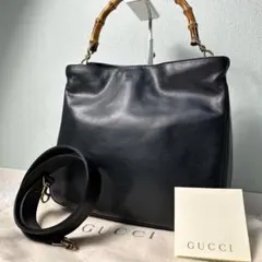 美品✨グッチ ハンドバッグ 2way ショルダーバッグ バンブー 本革 濃紺