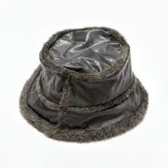 ファーデザインバケットハット　レザー調　チャコール