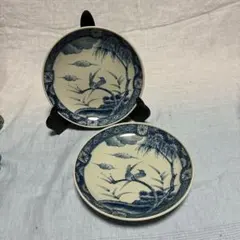 青い鳥と竹の模様 陶器皿 2枚セット