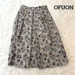 美品✨OFUON フレアスカート 花柄 ベージュ モノトーン 上品 きれいめ　Lのサムネイル