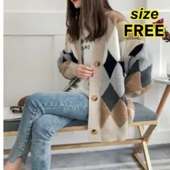 カーディガン　アーガイル柄　レディース　セーター　Vネック　秋　冬