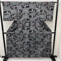 大島紬 美しい花の絣 正絹 着物i-4198