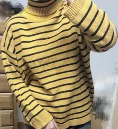 [韓国]ボーダー 黄色 ハイネックニット