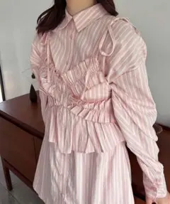 ナイスクラップ　ストライプ長袖シャツ フリル付き