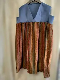 レトロ個性的　着物リメイク　ノースリーブロングワンピース　チュニック