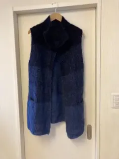 モヘアニット　ネイビーブルー　藍色　手編みロングベスト　ジレ