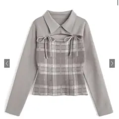 GRL チェック柄フロントオープンリボンニットトップス グレー