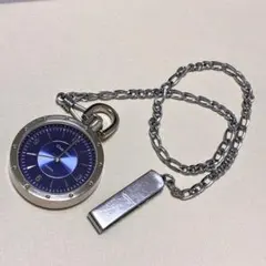 懐中時計風 クォーツ シルバー×藍色 レトロ J-AXIS