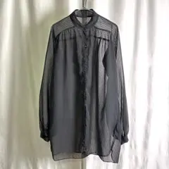 80s シースルー ノーカラー デザイン ストライプ シャツ ブラック 黒