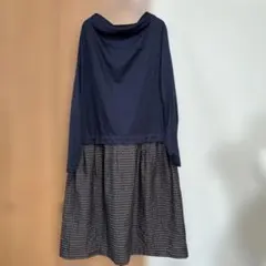 ジャンニロジュディチェ　ネイビー ×ブラウン長袖カットソーワンピース チェック柄