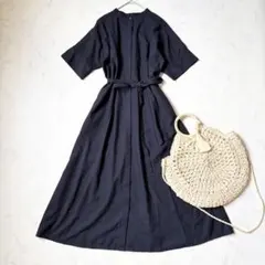 美品　KEYUKAケユカ　リネン　シャツワンピース　ネイビー　ロング丈　ベルト付のサムネイル