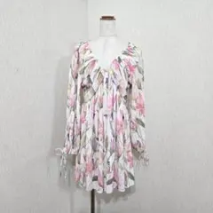H&M 花柄ワンピース プリーツ クリーム×ピンク US M ゆったり