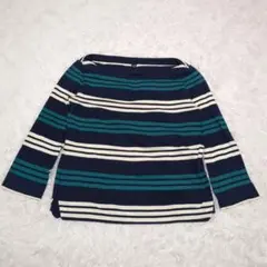 ユニクロ ボーダーボートネック 七分袖カットソー【S】ネイビー コットン100%