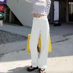 ホワイト デニム ワイドレッグパンツ Dazy Lサイズ 春夏秋冬 ロングパンツ