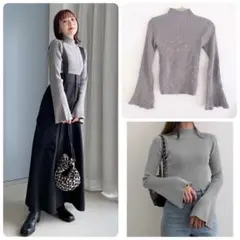 Heather　リブ　ハイネック　フレアスリーブ　ニット