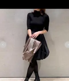 ブラックワンピ　ニット　フレア　 七分袖　　ミニsnidel