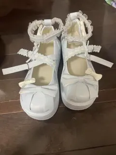 ライトブルー 厚底パンプス リボン付き