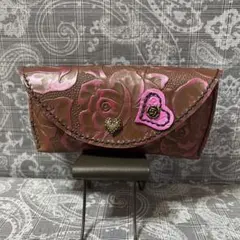 ハンドメイド♪本革薔薇眼鏡ケース(*^^*)ブラウンキラキラピンク♪
