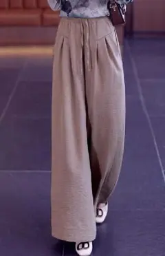 新品ハイウエスト ゆったりガウチョパンツ大人可愛い ♪モカ　フリー