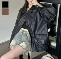黒フェイクレザージャケット韓国スタイル ルーズ襟 長袖 ライダースジャケット