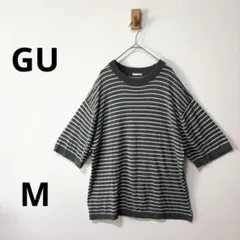 【美品】ジーユー　メンズ　カーキ×ホワイト　M リネンライクボーダーニット　半袖のサムネイル