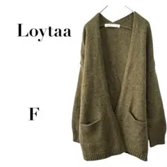 ロユタ Vネック長袖ニットカーディガン ゆったり カーキ フリー　ゆったり　秋冬