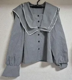 ナイスクラップセーラー襟 白黒チェックシャツ 長袖