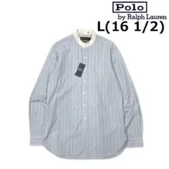 ポロラルフローレン ノーカラーシャツ US購入(L)青 ストライプ柄190131