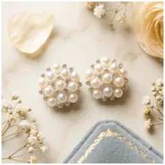 上品パール＆ビジューのフラワーサークルピアス　フォーマルピアス　入園式　入学式