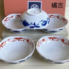たち吉　色絵唐草　中鉢揃　5枚セット　小鉢　赤絵　染付　輪花鉢　とんすい　ボウル