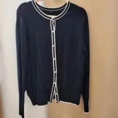パールボタン バイカラー カーディガン ネイビー LL