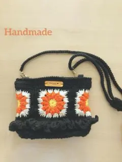 モチーフ編みバッグ　スマホショルダーバッグ　グラニースクエア　フリル　オレンジ