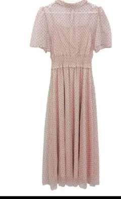 シアー ウエストシャーリング フレア ワンピース ドット柄 パールボタン