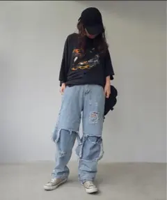 ダメージ加工 ワイドレッグデニムパンツ